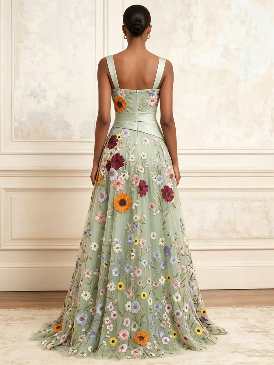 Floral Embroidery A-Line/Princess Square Neck Floor-Length Evening Dresses with Pleats & Slit