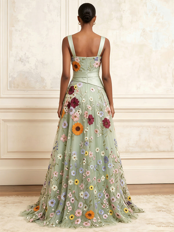 Floral Embroidery A-Line/Princess Square Neck Floor-Length Evening Dresses with Pleats & Slit