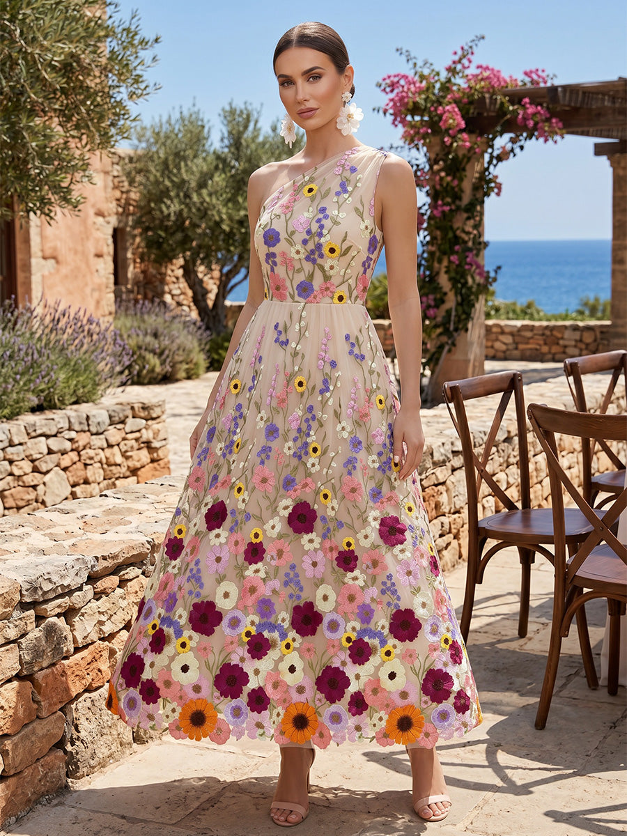 Lace Appliques A-Line/Princess One Shoulder Floor-Length Evening Dresses for Women