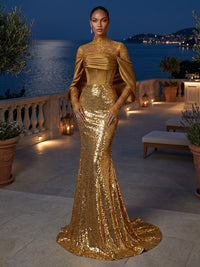 Sequin Mermaid/Trumpet Off Shoulder Floor-Length Evening Dresses with Ruched Satin Corset Bodice