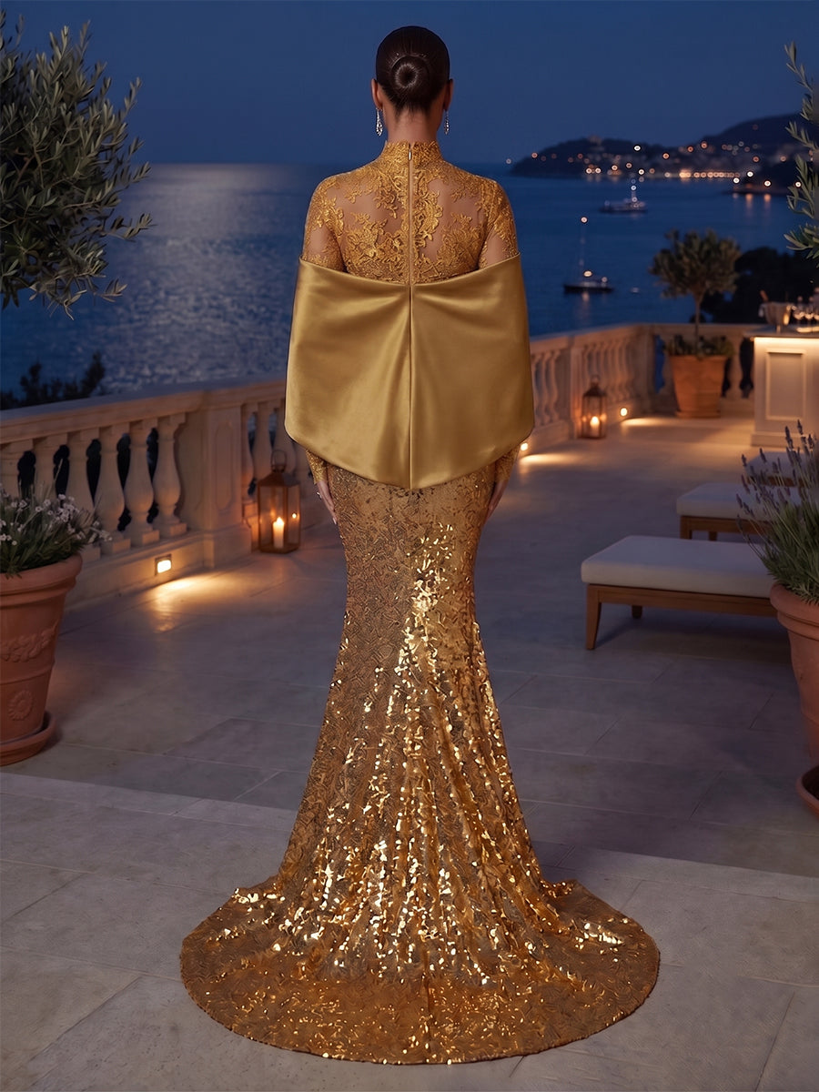 Sequin Mermaid/Trumpet Off Shoulder Floor-Length Evening Dresses with Ruched Satin Corset Bodice