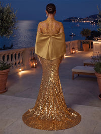 Sequin Mermaid/Trumpet Off Shoulder Floor-Length Evening Dresses with Ruched Satin Corset Bodice