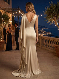 Satin Sheath/Column V-Neck Floor-Length Evening Dresses with Ruffles
