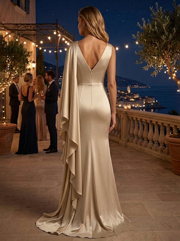 Satin Sheath/Column V-Neck Floor-Length Evening Dresses with Ruffles