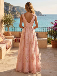 Floral Embroidery A-Line/Princess V-Neck Floor-Length Evening Dresses with Slit, Pockets & Pleats
