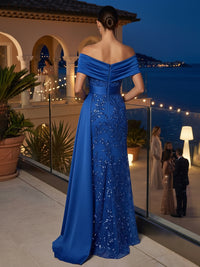 Sequin Floral Sheath/Column Off Shoulder Floor-Length Evening Dresses with Side Draped Sash