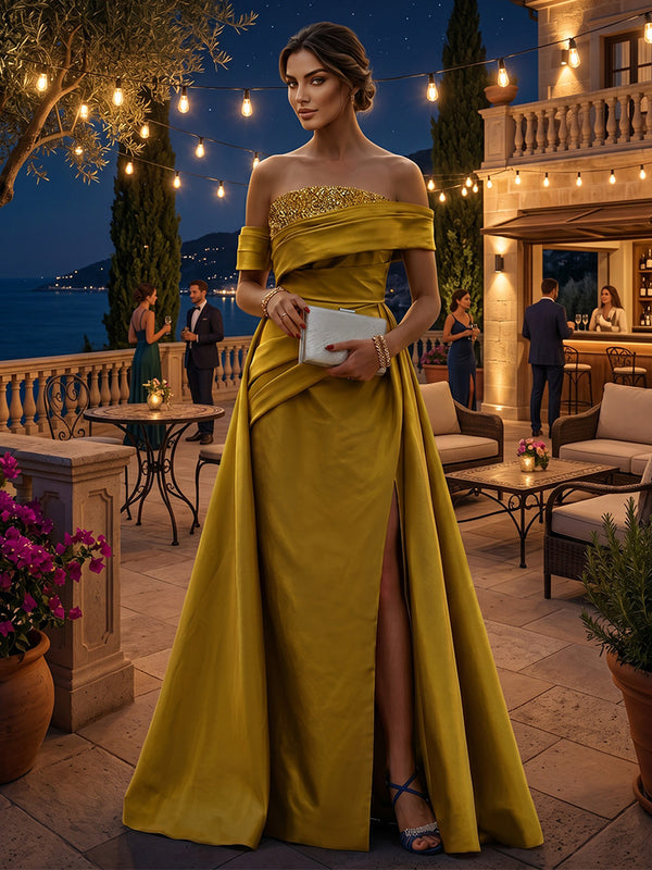 Satin Sheath/Column Off Shoulder Floor-Length Evening Dresses with Ruched Waist, Sweep Train & Slit