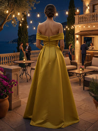Satin Sheath/Column Off Shoulder Floor-Length Evening Dresses with Ruched Waist, Sweep Train & Slit