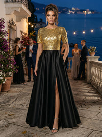 Satin A-Line/Princess Scoop Neck Floor-Length Evening Dresses with Pleats & Pockets