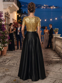 Satin A-Line/Princess Scoop Neck Floor-Length Evening Dresses with Pleats & Pockets