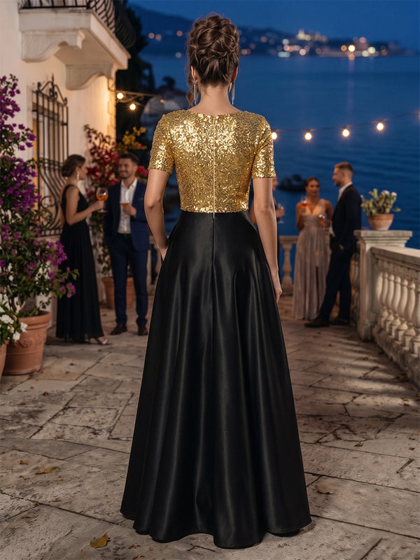 Satin A-Line/Princess Scoop Neck Floor-Length Evening Dresses with Pleats & Pockets