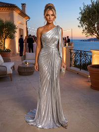 Metallic Satin Sheath/Column One Shoulder Floor-Length Evening Dresses with Sweep Train & Pleats
