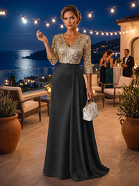 Satin A-Line/Princess V-Neck Floor-Length Evening Dresses with Sequin Bodice