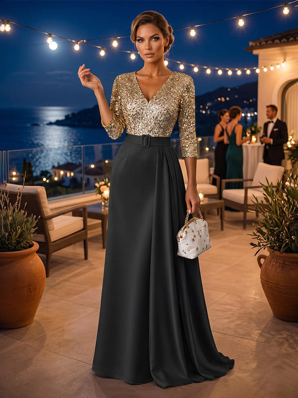 Satin A-Line/Princess V-Neck Floor-Length Evening Dresses with Sequin Bodice
