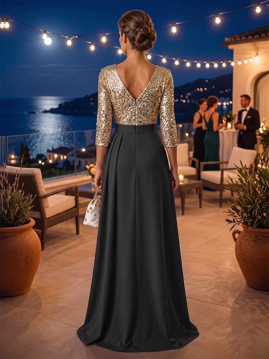 Satin A-Line/Princess V-Neck Floor-Length Evening Dresses with Sequin Bodice