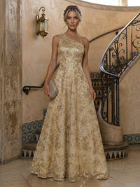 Sequin Floral A-Line/Princess One Shoulder Floor-Length Evening Dresses with Pleats