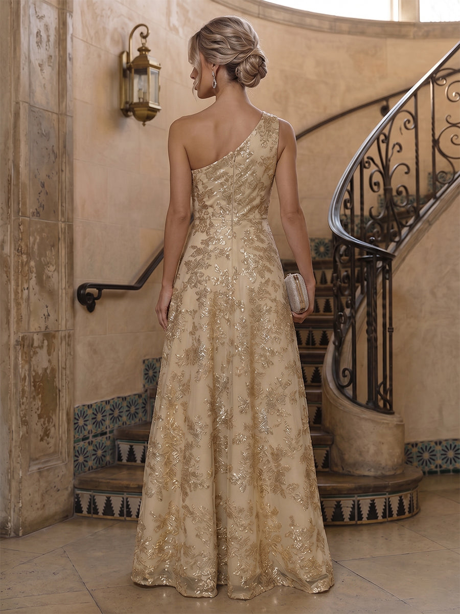 Sequin Floral A-Line/Princess One Shoulder Floor-Length Evening Dresses with Pleats