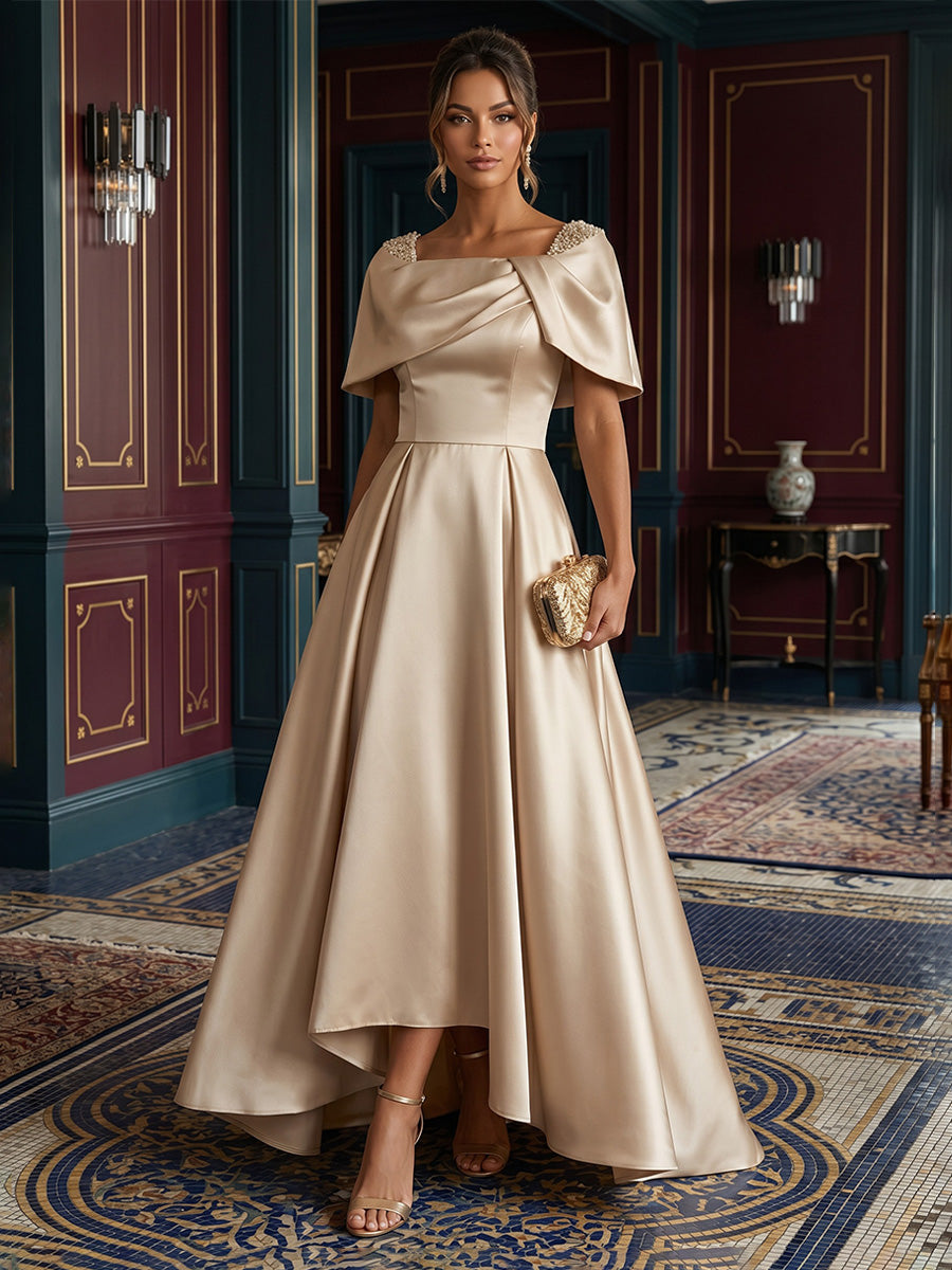 Satin A-Line/Princess Square Neck High-Low Evening Dresses with Sweep Train & Pleats