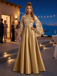 Satin A-Line/Princess Scoop Neck Floor-Length Evening Dresses with Lace Appliques Bodice & Pleats