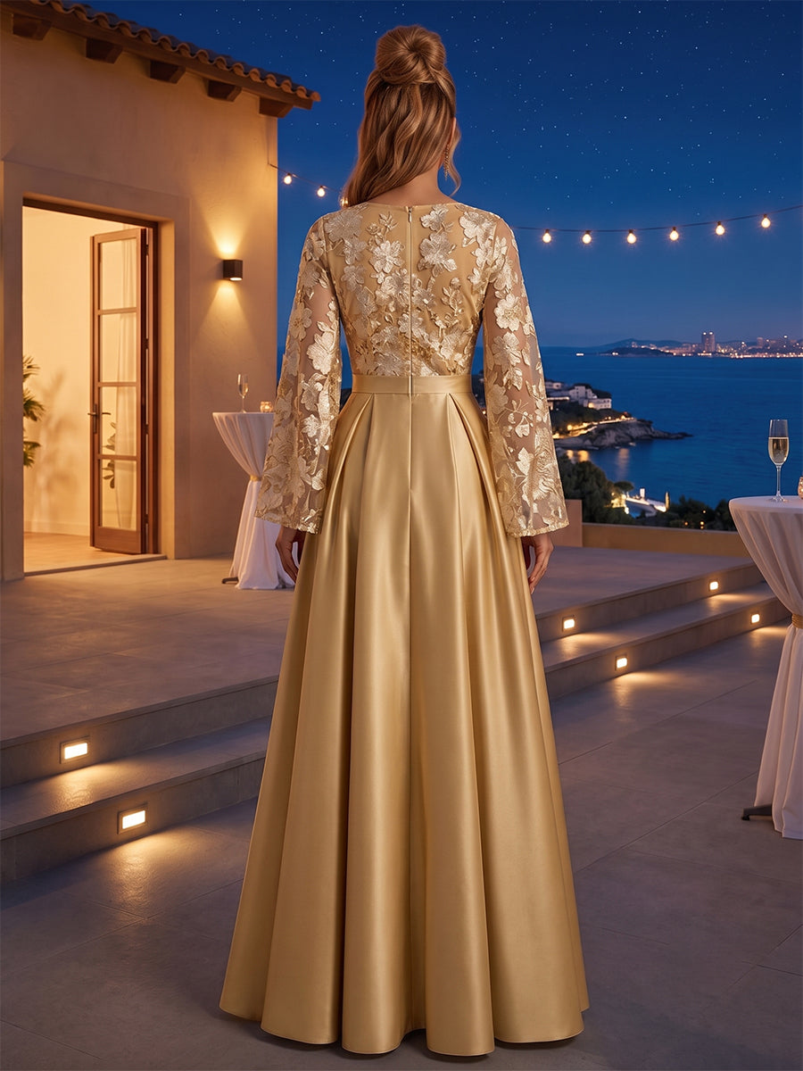 Satin A-Line/Princess Scoop Neck Floor-Length Evening Dresses with Lace Appliques Bodice & Pleats