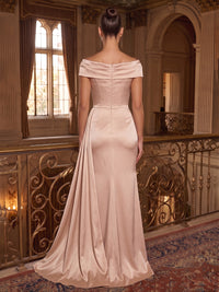 Satin Sheath/Column Off Shoulder Floor-Length Evening Dresses with Pleats & Slit