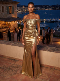 Metallic Satin Sheath/Column Off Shoulder Floor-Length Evening Dresses with Ruched Waist & Slit