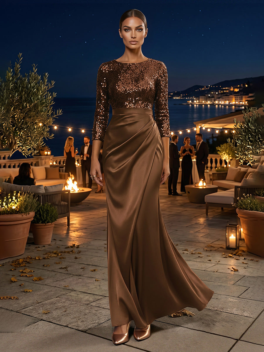 Satin Sheath/Column Scoop Neck Floor-Length Evening Dresses with Sequin Bodice