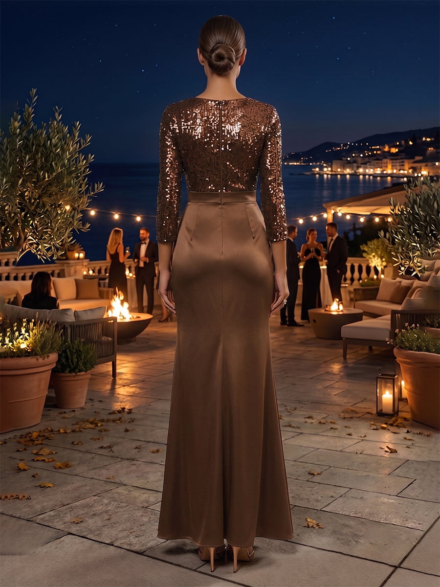 Satin Sheath/Column Scoop Neck Floor-Length Evening Dresses with Sequin Bodice