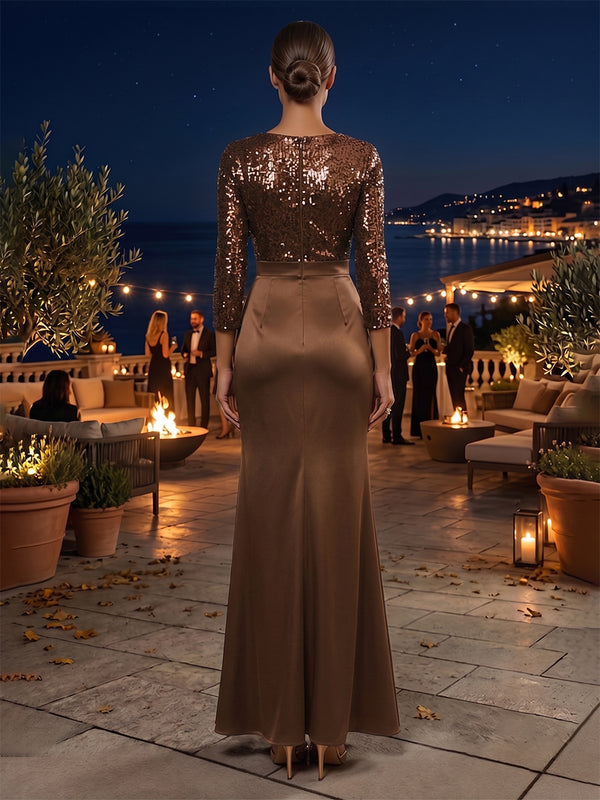 Satin Sheath/Column Scoop Neck Floor-Length Evening Dresses with Sequin Bodice
