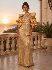 Sequin Sheath/Column High Neck Floor-Length Evening Dresses with Ruffles