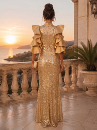 Sequin Sheath/Column High Neck Floor-Length Evening Dresses with Ruffles