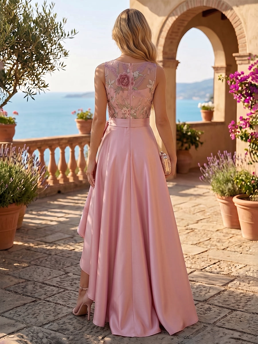 Satin A-Line/Princess Scoop Neck High-Low Evening Dresses with Floral Embroidery Bodice & Ruffles