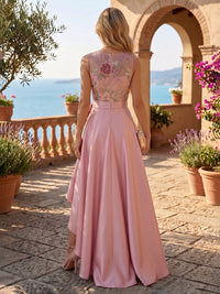 Satin A-Line/Princess Scoop Neck High-Low Evening Dresses with Floral Embroidery Bodice & Ruffles