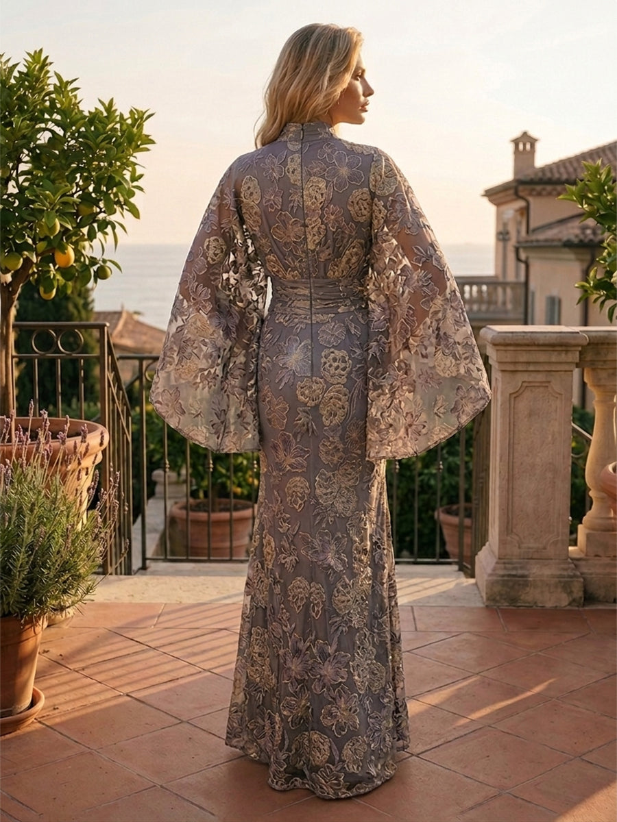 Jacquard Sheath/Column High Neck Floor-Length Evening Dresses with Ruched Waist