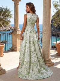 Jacquard A-Line/Princess Scoop Neck High-Low Evening Dresses with Pleats & Sweep Train