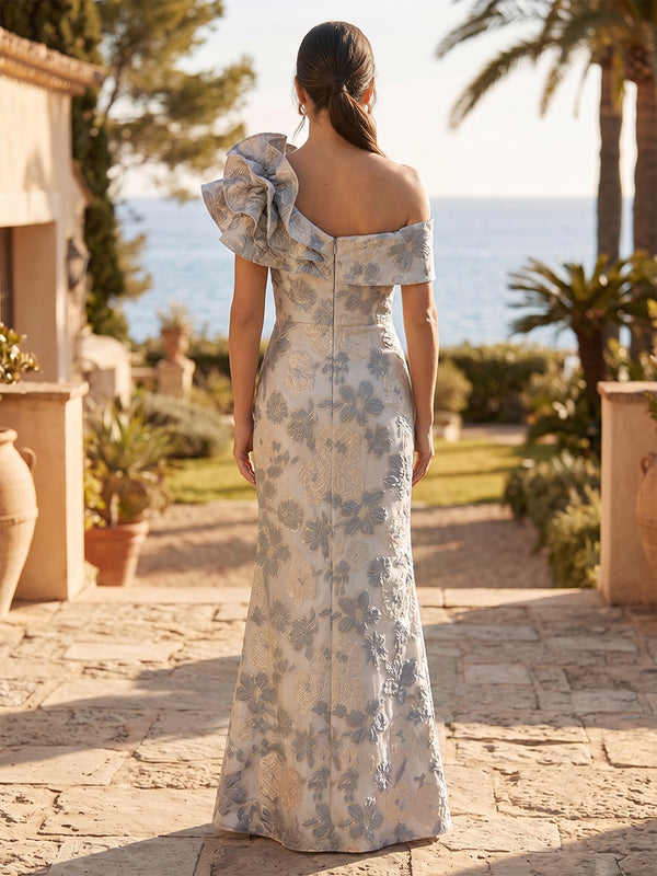 Jacquard Sheath/Column Off Shoulder Floor-Length Evening Dresses with Ruffles