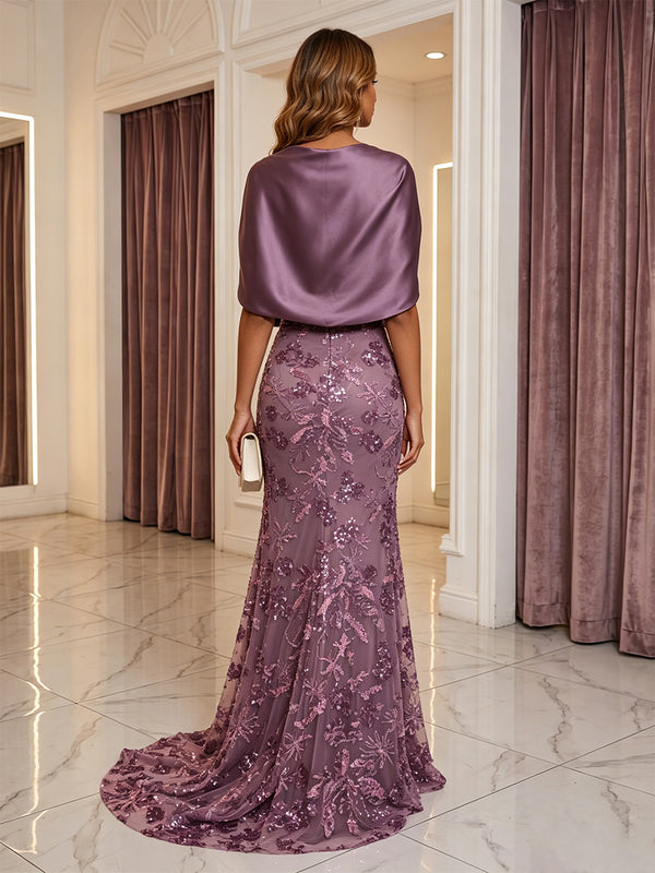 Sequin Floral Mermaid/Trumpet V-Neck Floor-Length Evening Dresses with Satin Bodice