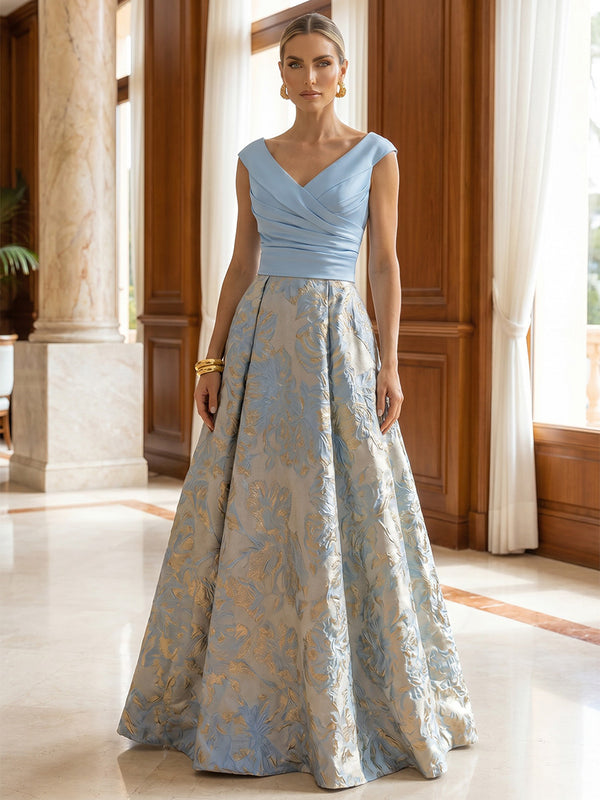 Jacquard A-Line/Princess V-Neck Floor-Length Evening Dresses with Satin Bodice
