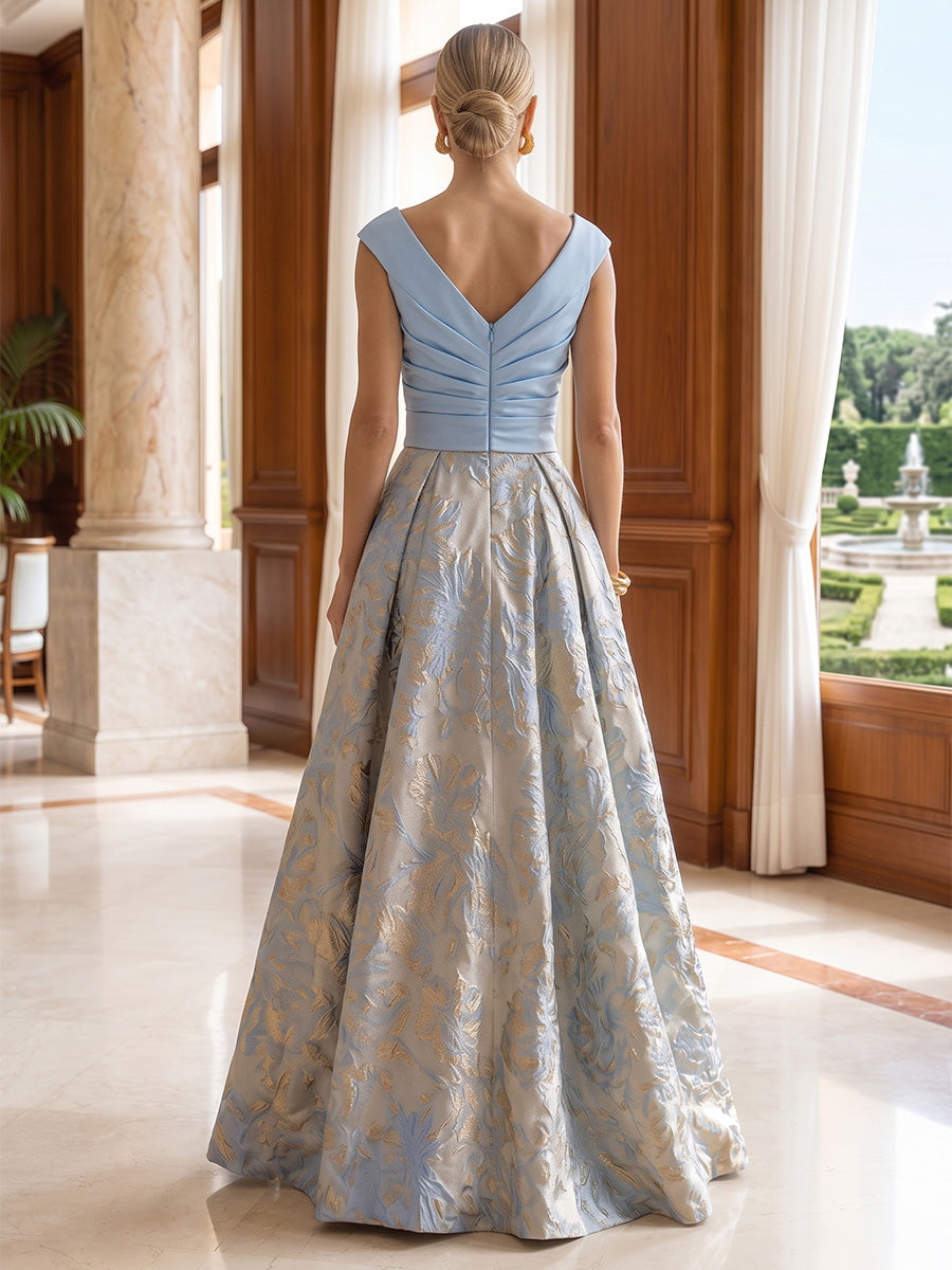 Jacquard A-Line/Princess V-Neck Floor-Length Evening Dresses with Satin Bodice