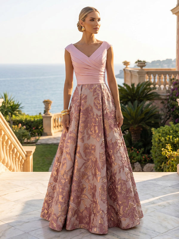 Jacquard A-Line/Princess V-Neck Floor-Length Evening Dresses with Pleats