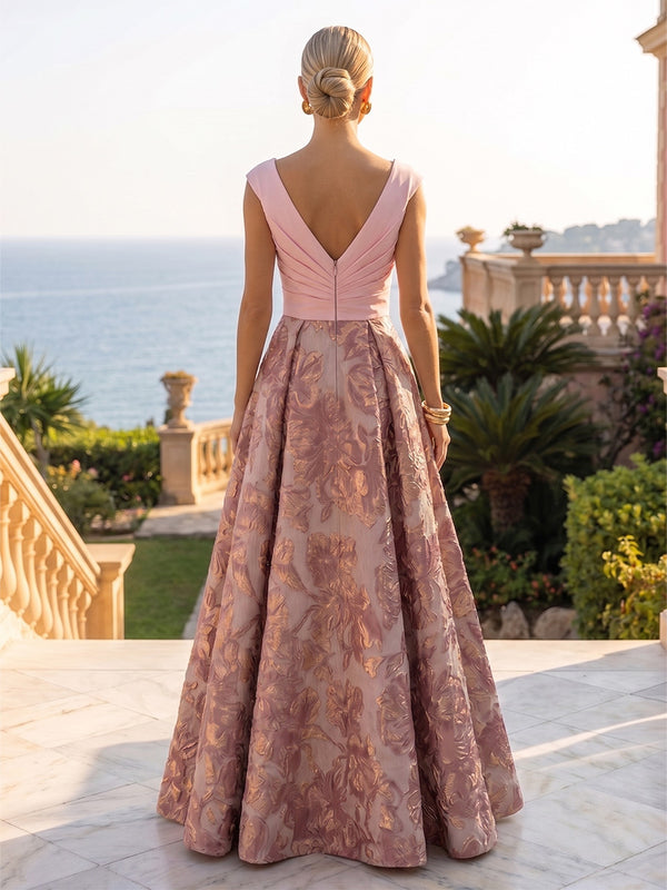 Jacquard A-Line/Princess V-Neck Floor-Length Evening Dresses with Pleats
