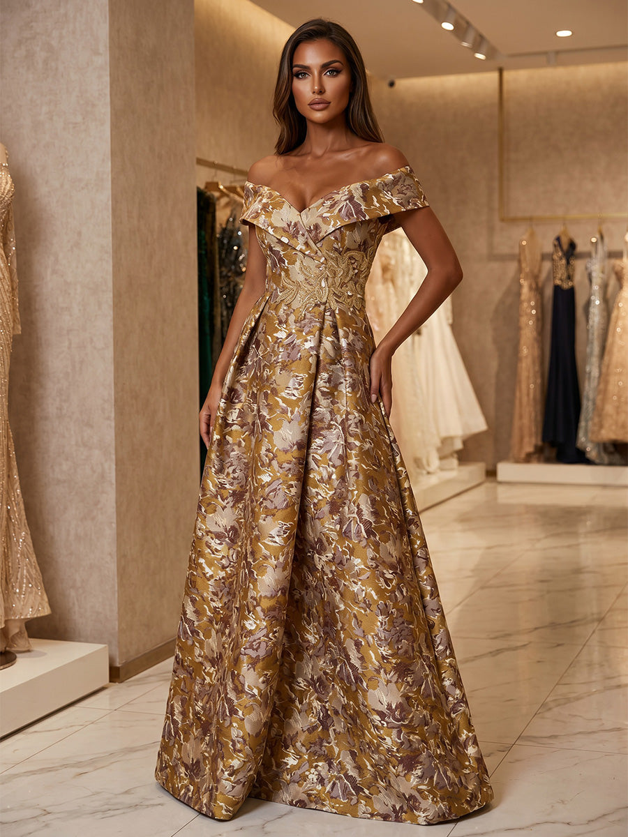Jacquard A-Line/Princess Off Shoulder Floor-Length Evening Dresses with Ruched Waist