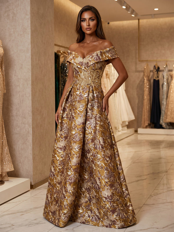 Jacquard A-Line/Princess Off Shoulder Floor-Length Evening Dresses with Ruched Waist