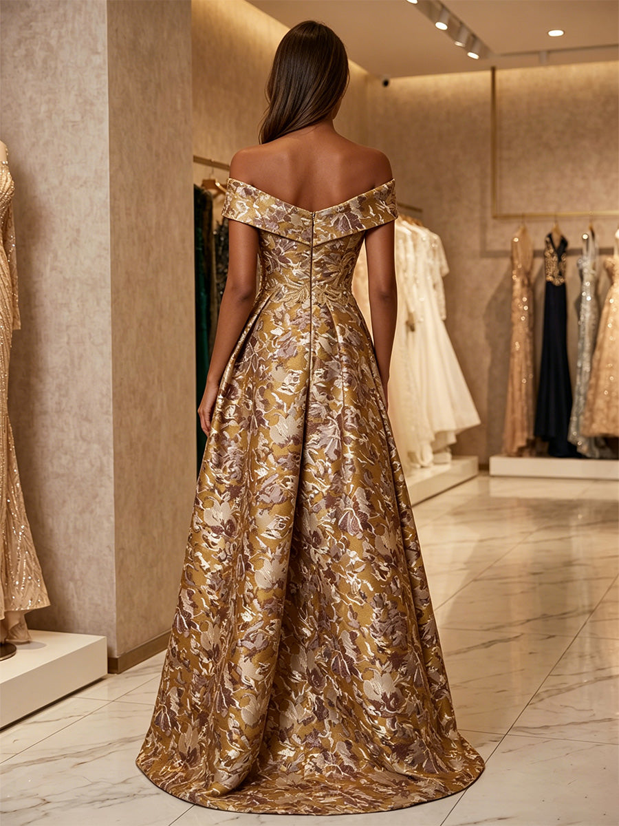 Jacquard A-Line/Princess Off Shoulder Floor-Length Evening Dresses with Ruched Waist