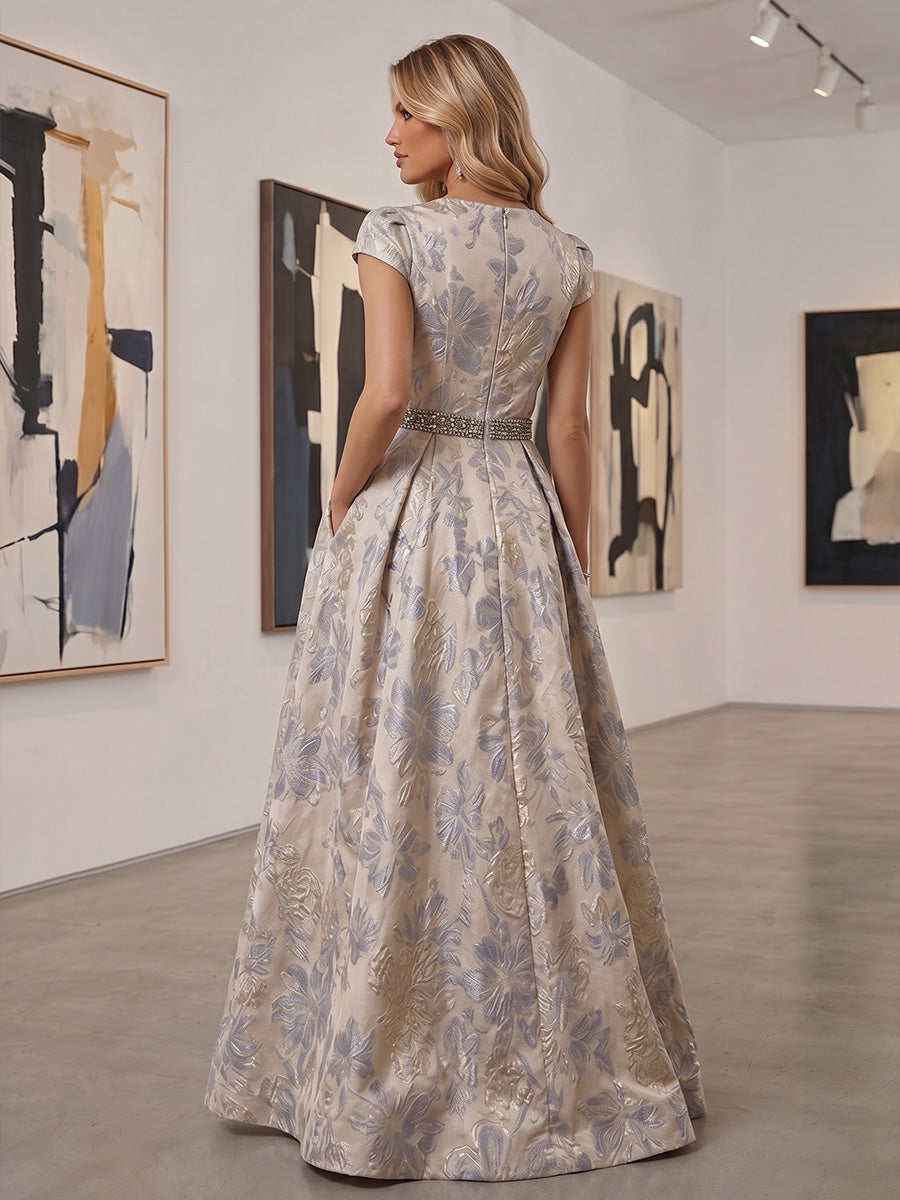 Jacquard A-Line/Princess V-Neck Floor-Length Evening Dresses with Pleats & Slit
