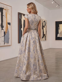 Jacquard A-Line/Princess V-Neck Floor-Length Evening Dresses with Pleats & Slit