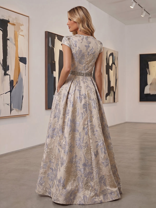 Jacquard A-Line/Princess V-Neck Floor-Length Evening Dresses with Pleats & Slit