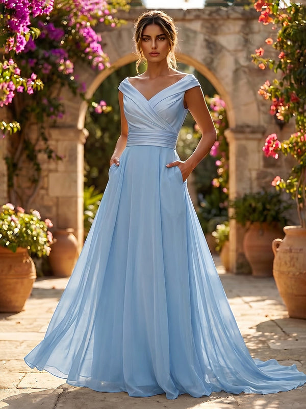 Chiffon A-Line/Princess Off Shoulder Floor-Length Evening Dresses with Pleats & Pockets