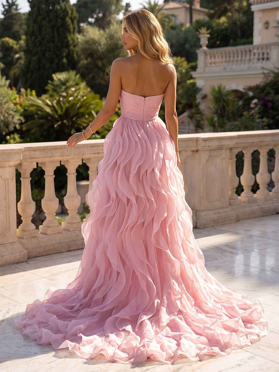 Tulle Mermaid/Trumpet Strapless Floor-Length Evening Dresses with Tiered Layers & Slit