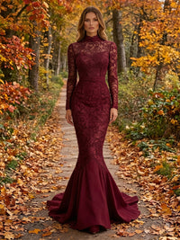Lace Mermaid/Trumpet High Neck Floor-Length Evening Dresses with Sweep Train